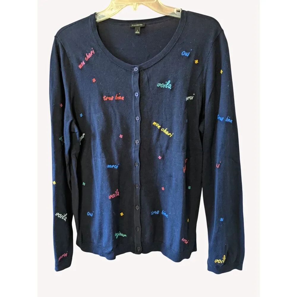 Talbots Charming Cardigan Sweater Navy Embroidered French Phrases Preppy Twee L